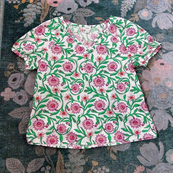 J. Crew Blouse Cotton poplin top Pink Green Floral White Lotus Bloom Medium M - Picture 9 of 14